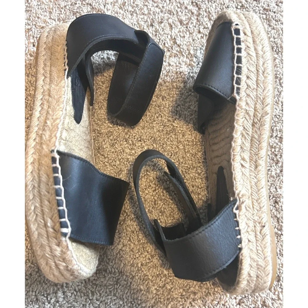 Vince Black Leather Ankle Strap Platform Espadrille Sandals Made in Spain 7M‎